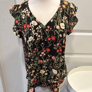 EUC LOFT Black Floral V-Neck Blouse